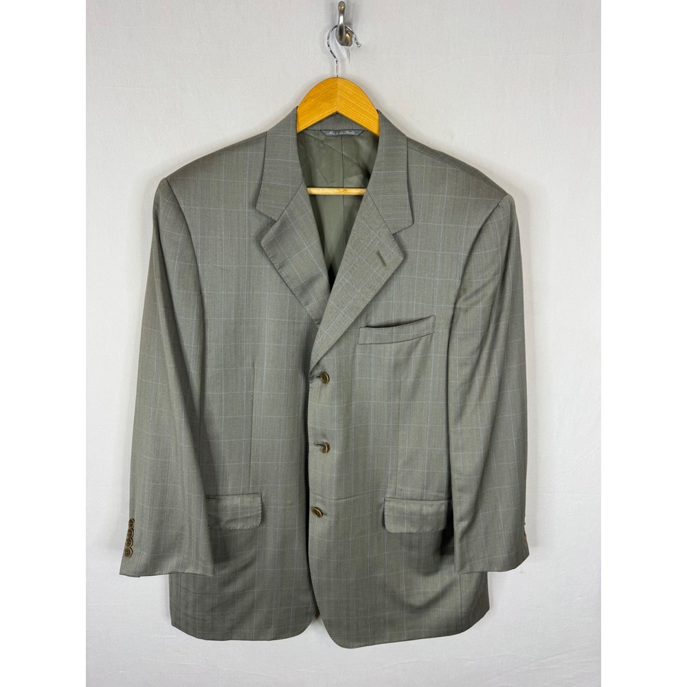 Canali Henry Singer Olive Blue Windowpane Super 120s Wool Blazer 44R Italy